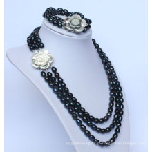 3 Strands Freshwater Black Pearl Jewelry Necklace Sets (ES1332)